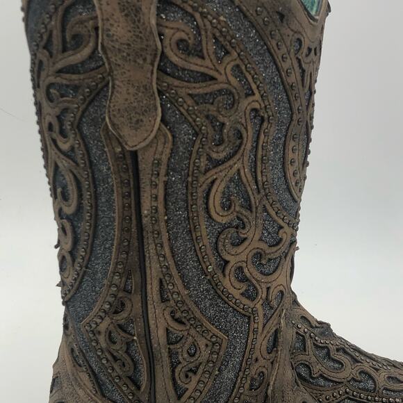 Corral Inlay Flower Embroidery Studded Leather Square Toe Western Boots Size 7 - Picture 10 of 14